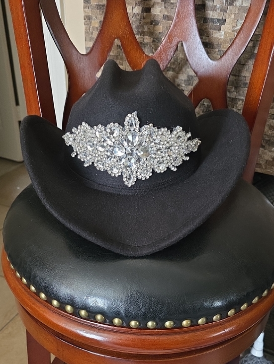 Accessories - Black Felt Cowboy Hat with Silver Crystal Brooch